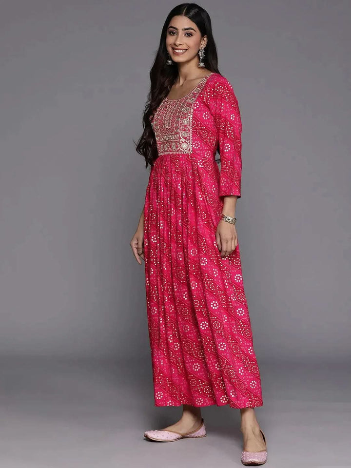 Pink Printed Fit and Flare Rayon Dress - Libas