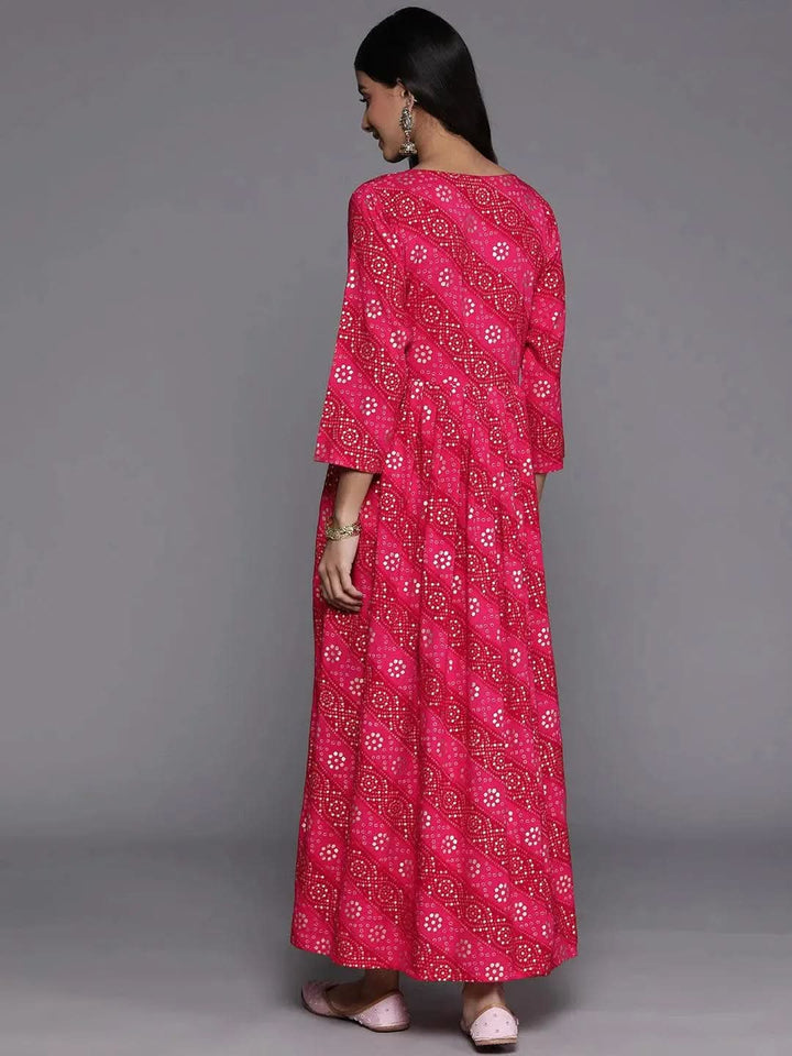 Pink Printed Fit and Flare Rayon Dress - Libas
