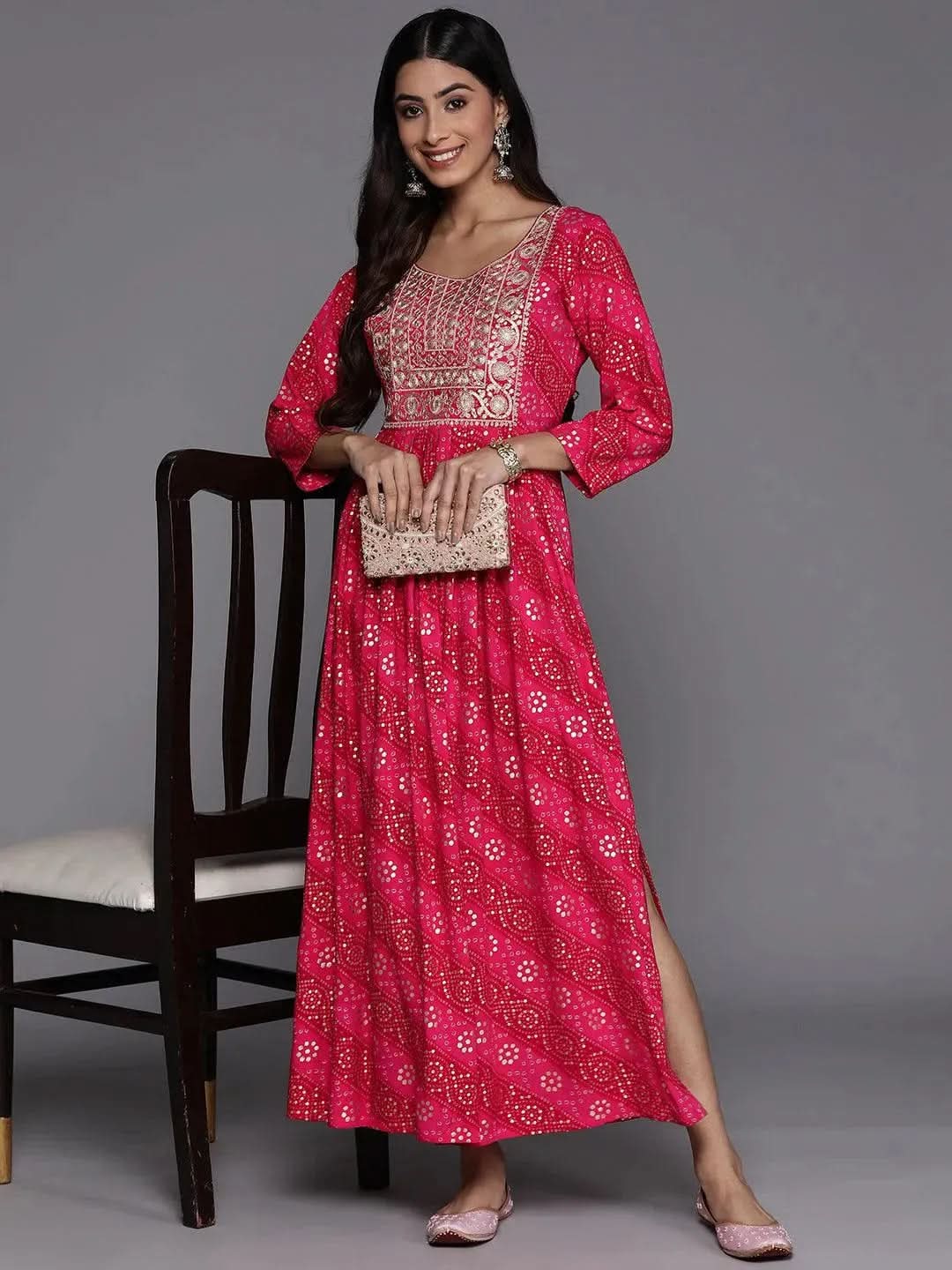 Pink Printed Fit and Flare Rayon Dress - Libas