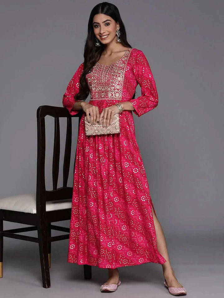 Pink Printed Fit and Flare Rayon Dress - Libas