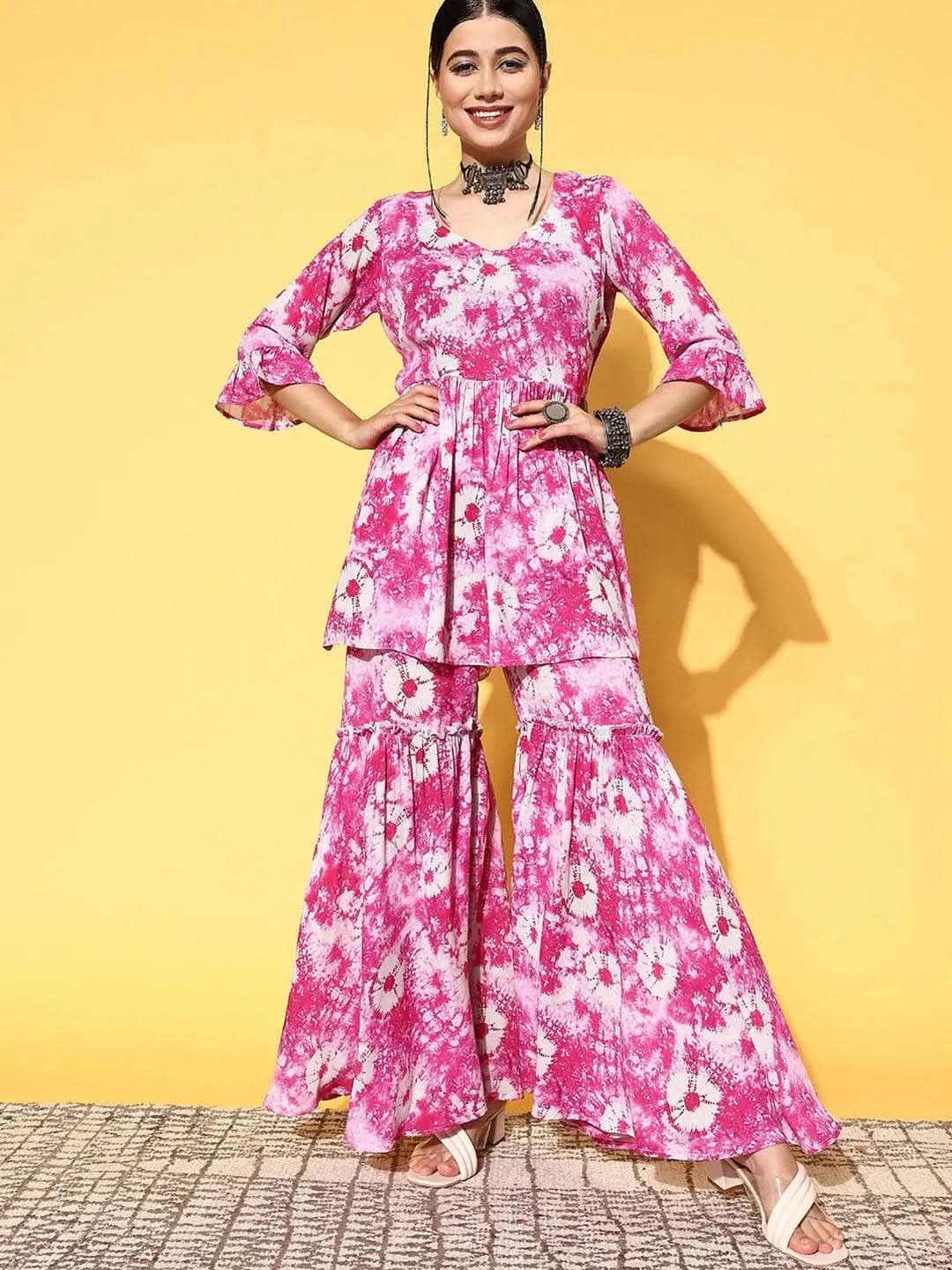 Pink Printed Georgette Anarkali Kurta With Sharara
Pink Printed Georgette Anarkali Kurta With Sharara