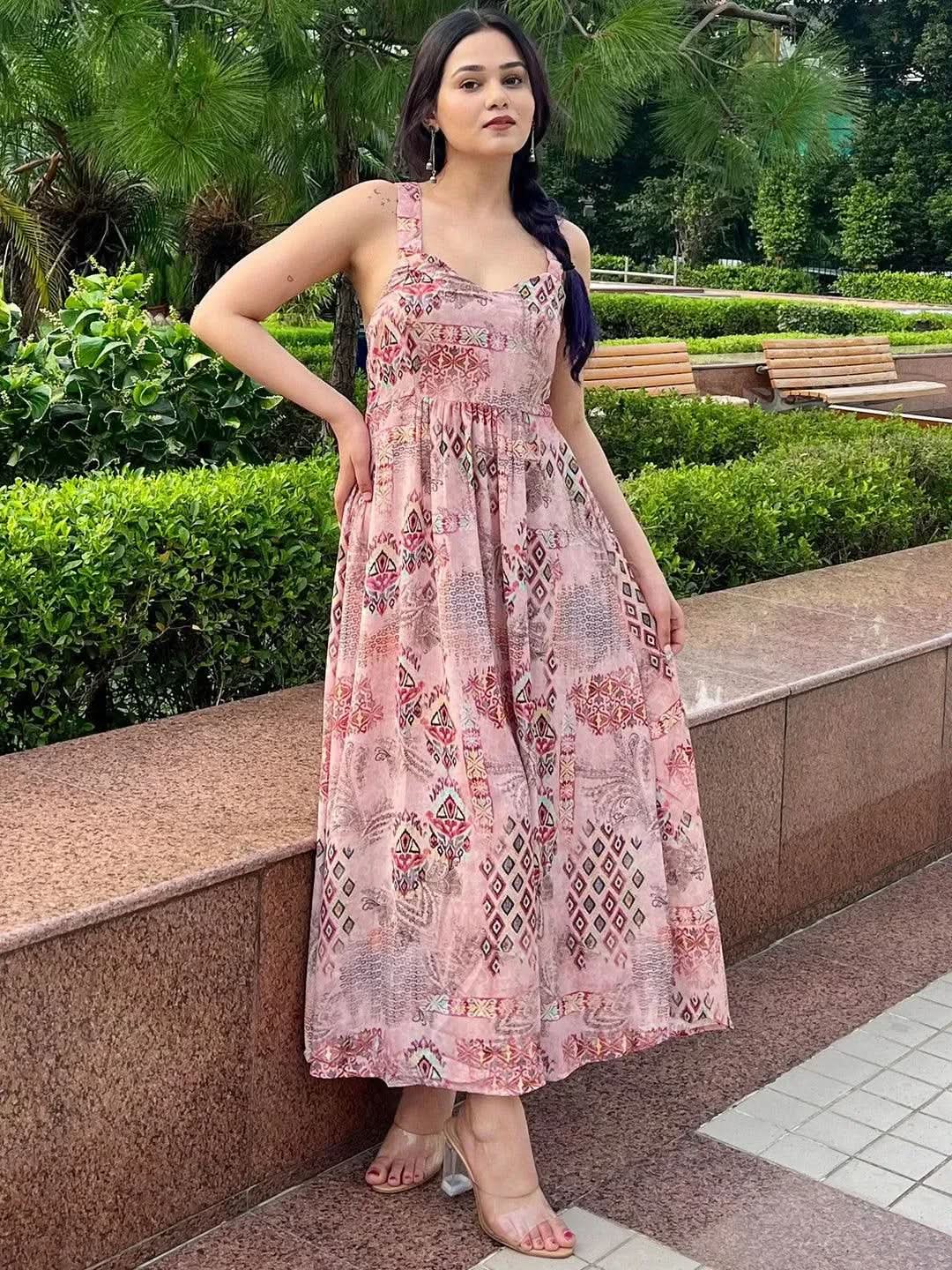 Buy Pink Printed Georgette Fit and Flare Dress Online at Rs.749 | Libas Buy Pink Printed Georgette Fit and Flare Dress Online at Rs.749 | Libas