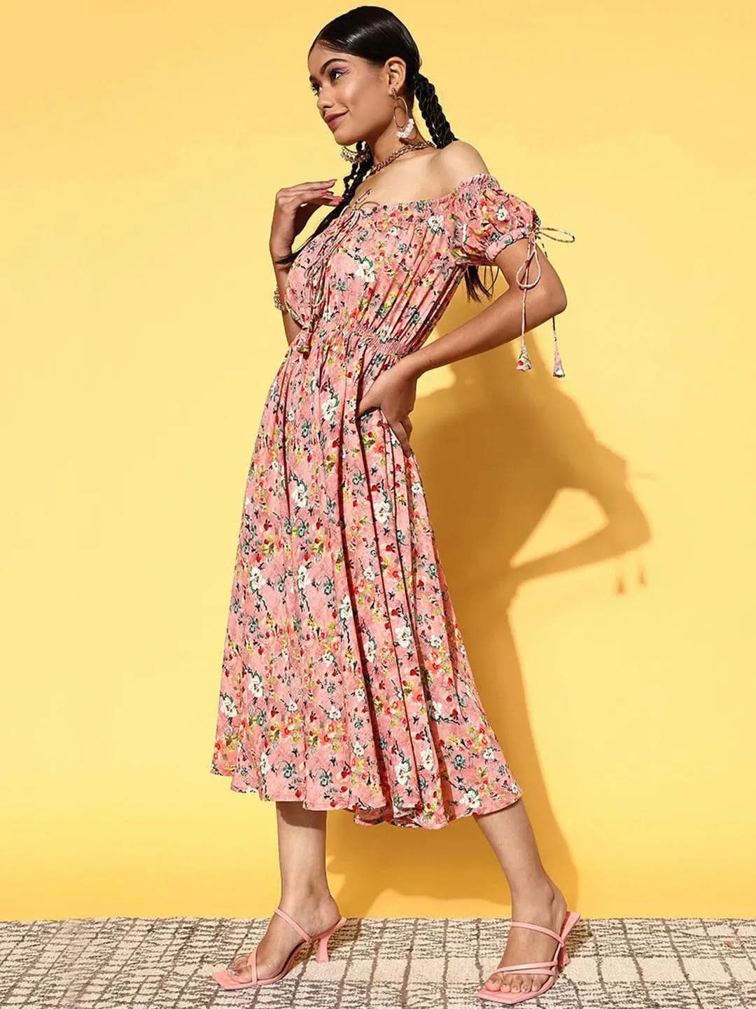 Pink Printed Georgette Fit and Flare Dress - Libas