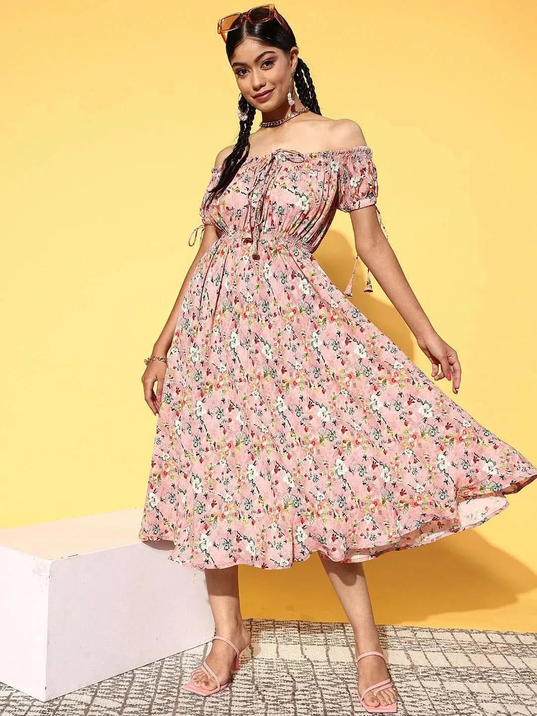 Pink Printed Georgette Fit and Flare Dress - Libas