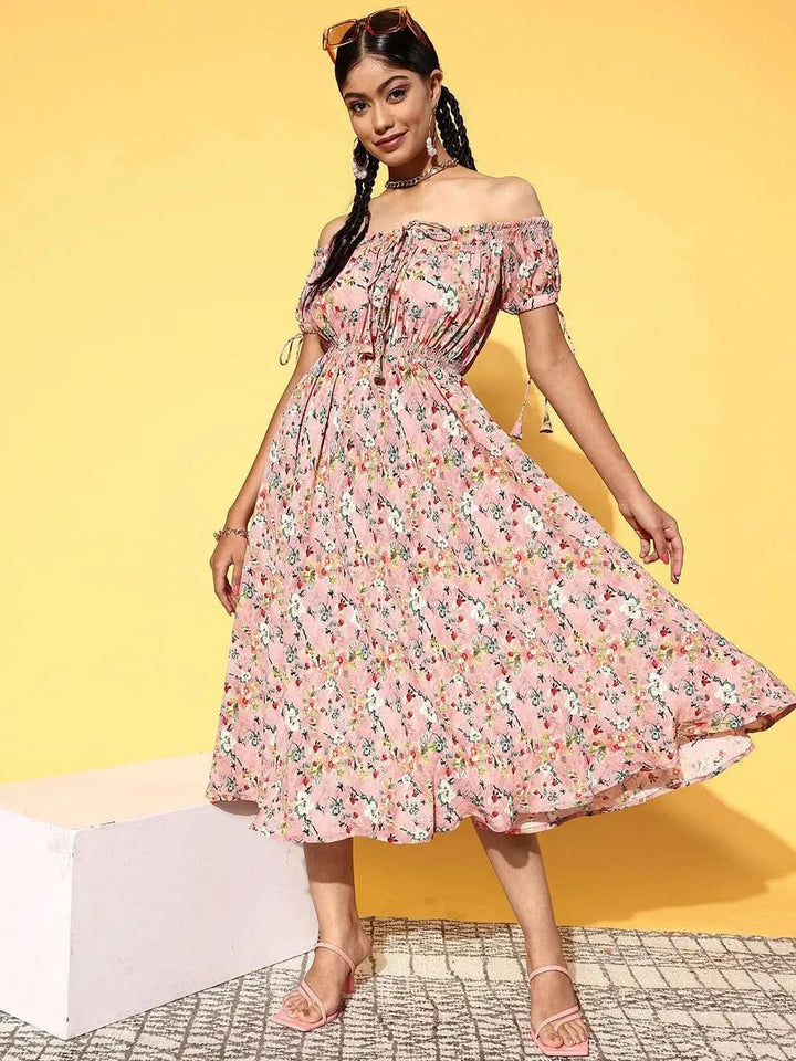 Pink Printed Georgette Fit and Flare Dress - Libas