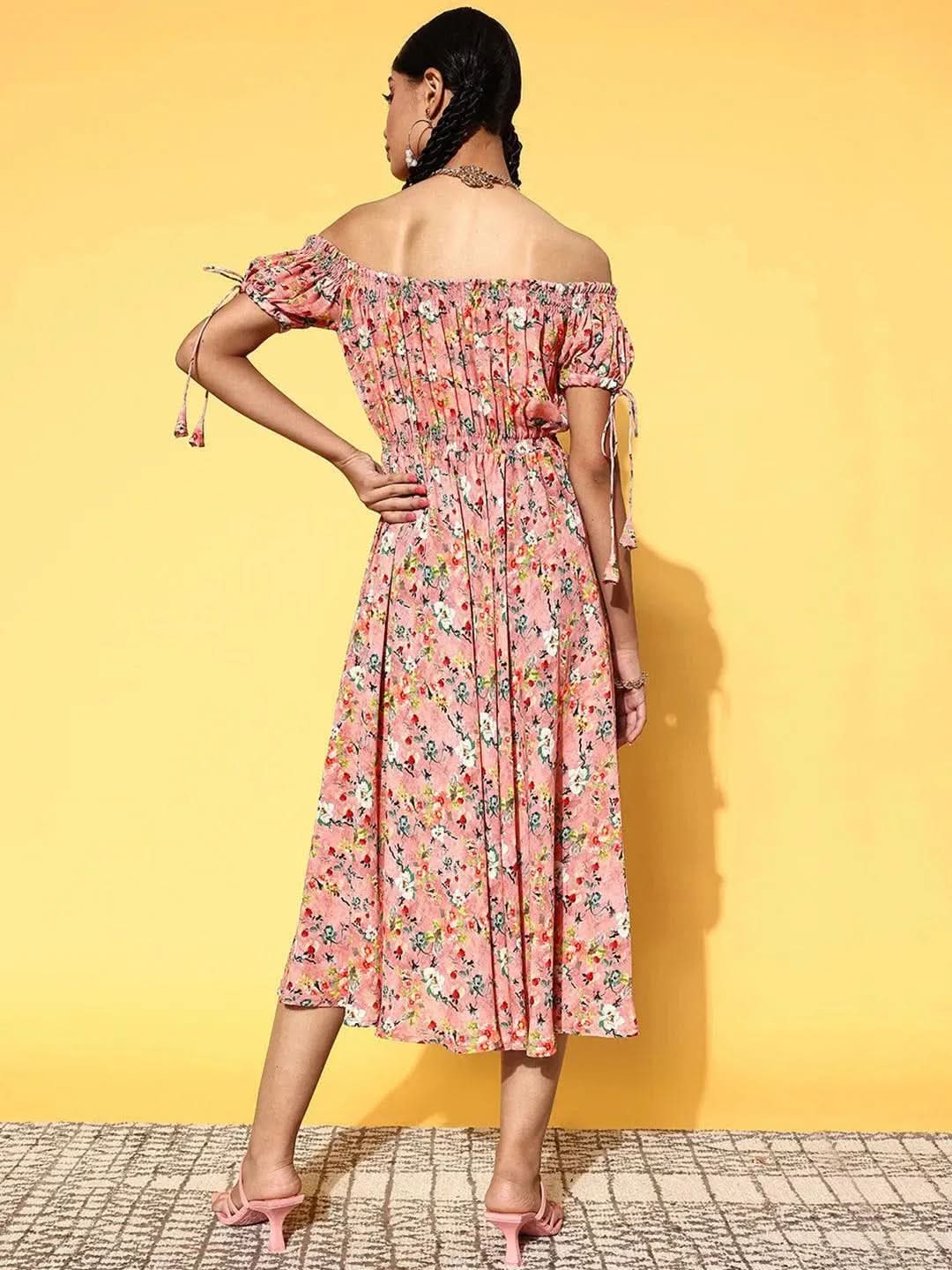 Pink Printed Georgette Fit and Flare Dress - Libas