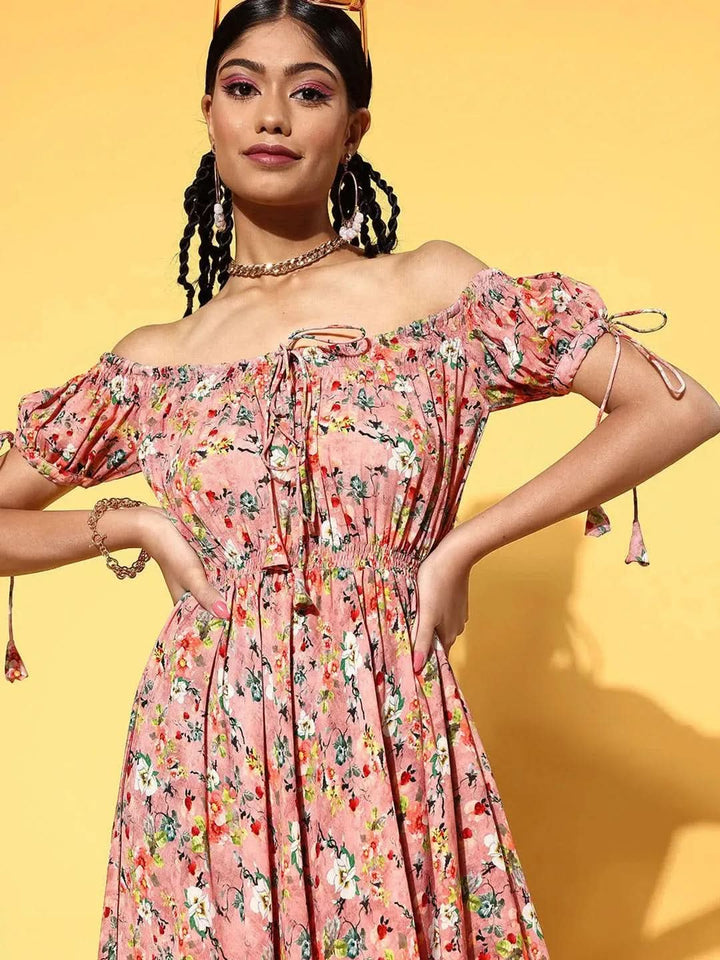 Pink Printed Georgette Fit and Flare Dress - Libas