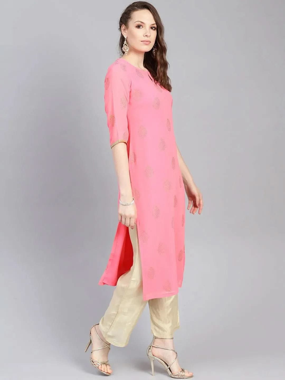 Pink Printed Georgette Straight Kurta With Palazzos
Pink Printed Georgette Straight Kurta With Palazzos