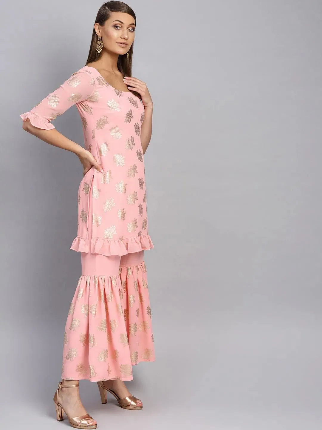 Pink Printed Georgette Straight Kurta With Sharara & Stole
Pink Printed Georgette Straight Kurta With Sharara & Stole