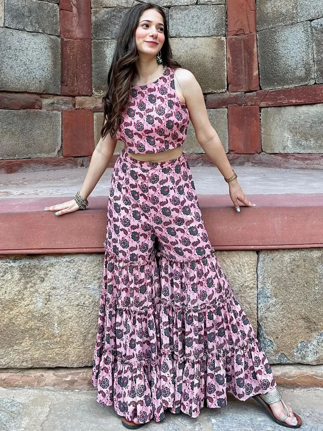 Pink Printed Georgette Top With Sharara
Pink Printed Georgette Top With Sharara