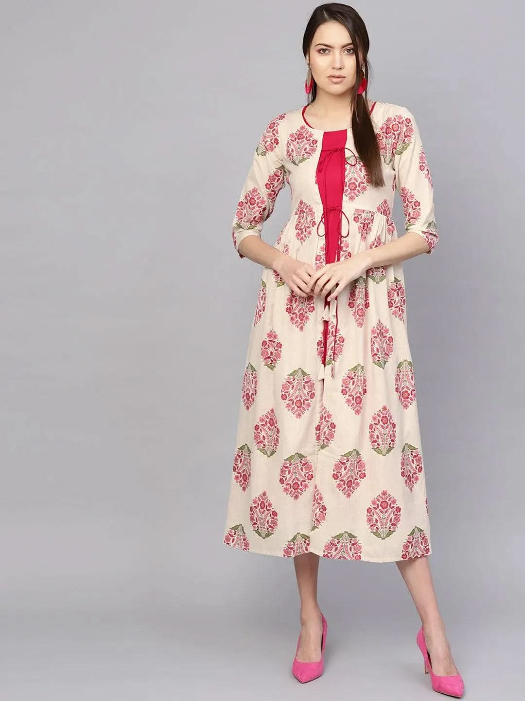 Pink Printed Rayon Dress With Jacket - Libas