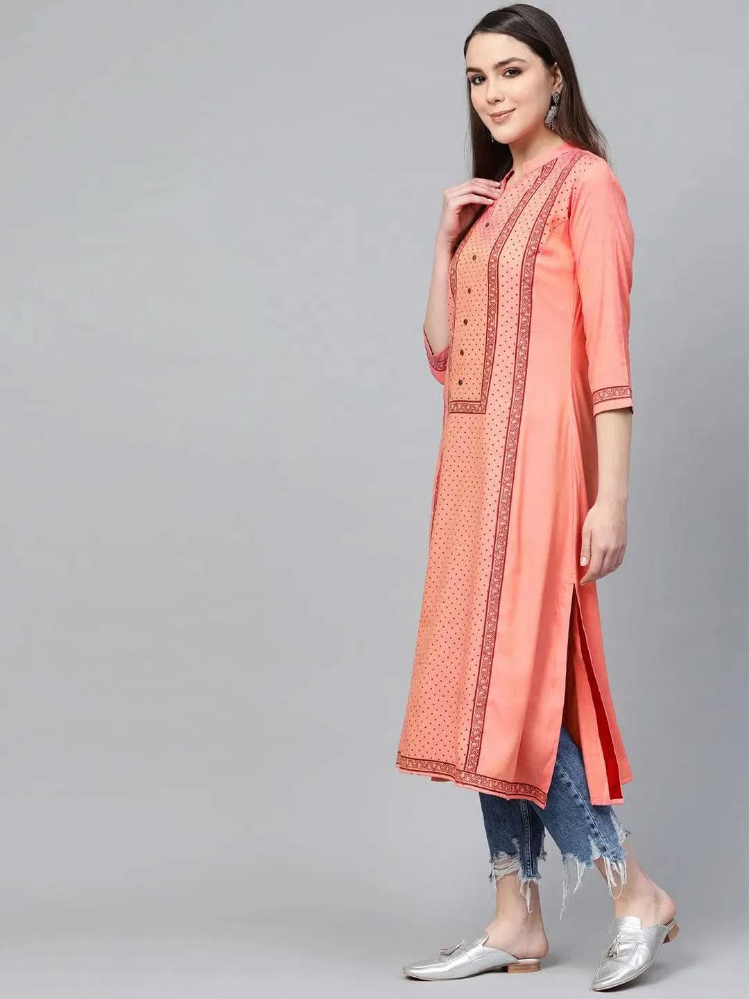 Pink Printed Rayon Kurta - Libas