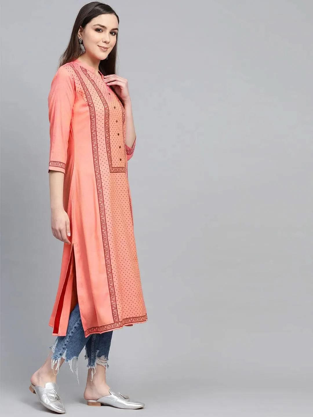 Pink Printed Rayon Kurta - Libas