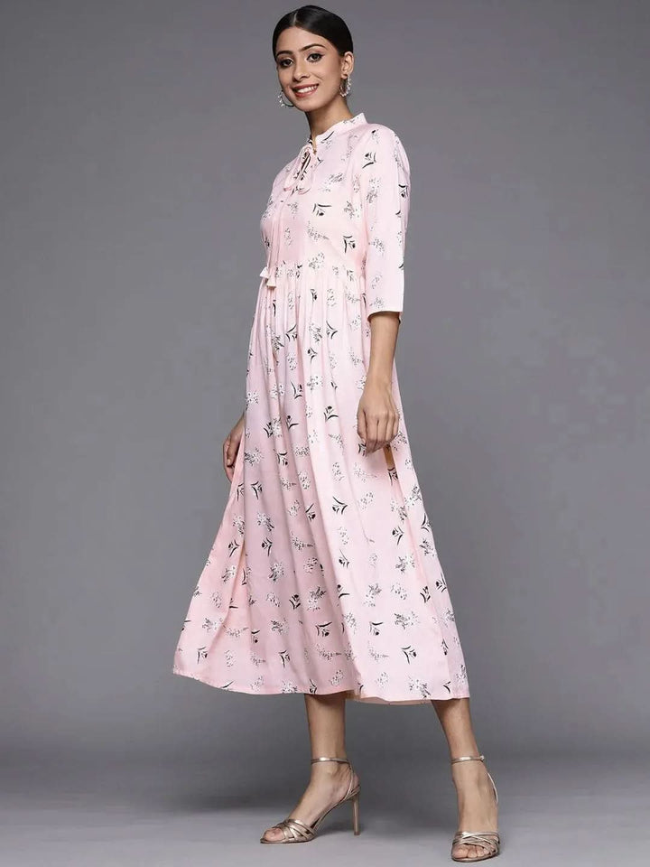 Pink Printed Rayon Maxi Dress - Libas