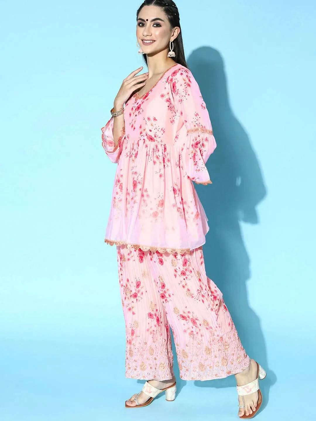 Pink Printed Satin Anarkali Suit Set - Libas