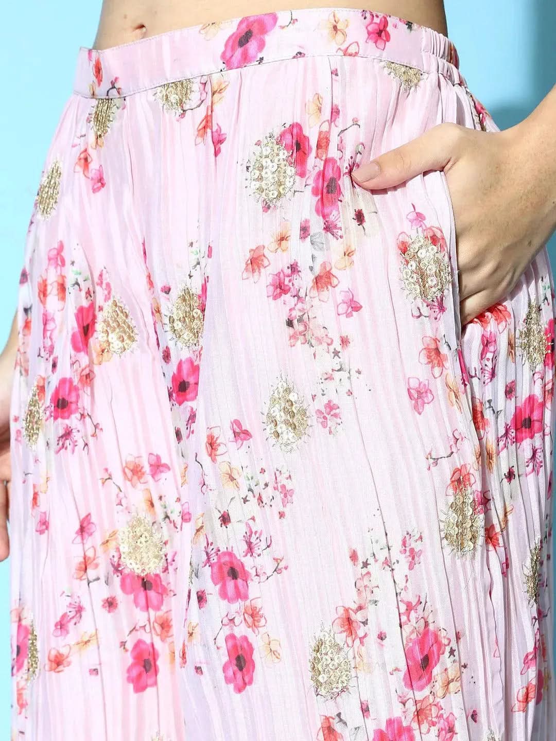 Pink Printed Satin Anarkali Sharara Suit Set With Dupatta 
Pink Printed Satin Anarkali Sharara Suit Set With Dupatta