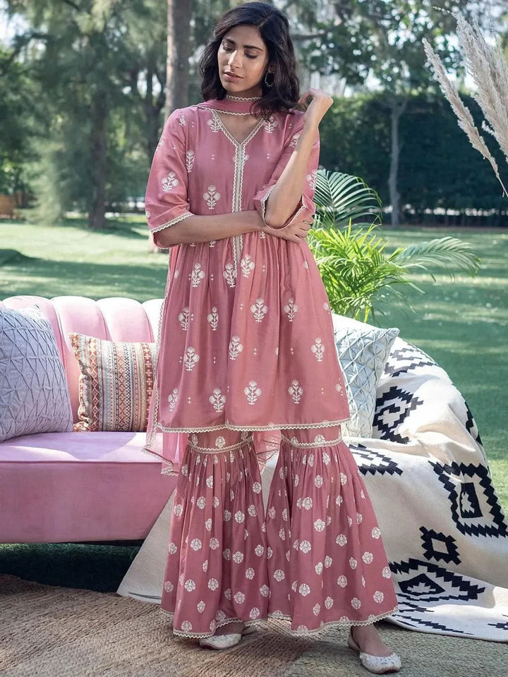 Pink Printed Silk Suit Set - Libas