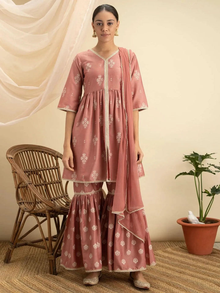 Pink Printed Silk Suit Set - Libas