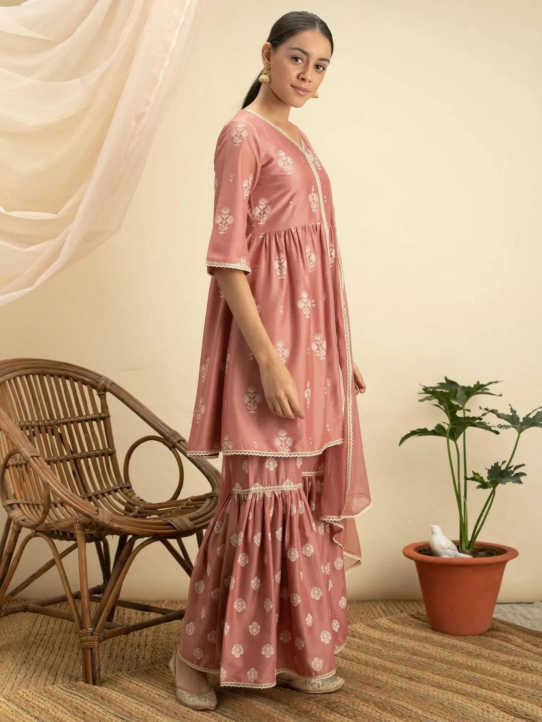 Pink Printed Silk Suit Set - Libas