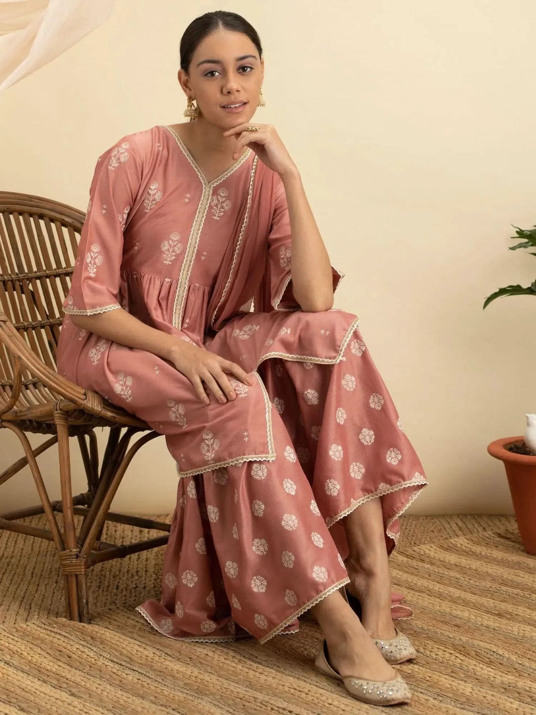 Pink Printed Silk Suit Set - Libas