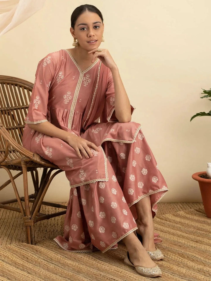 Pink Printed Silk Suit Set - Libas