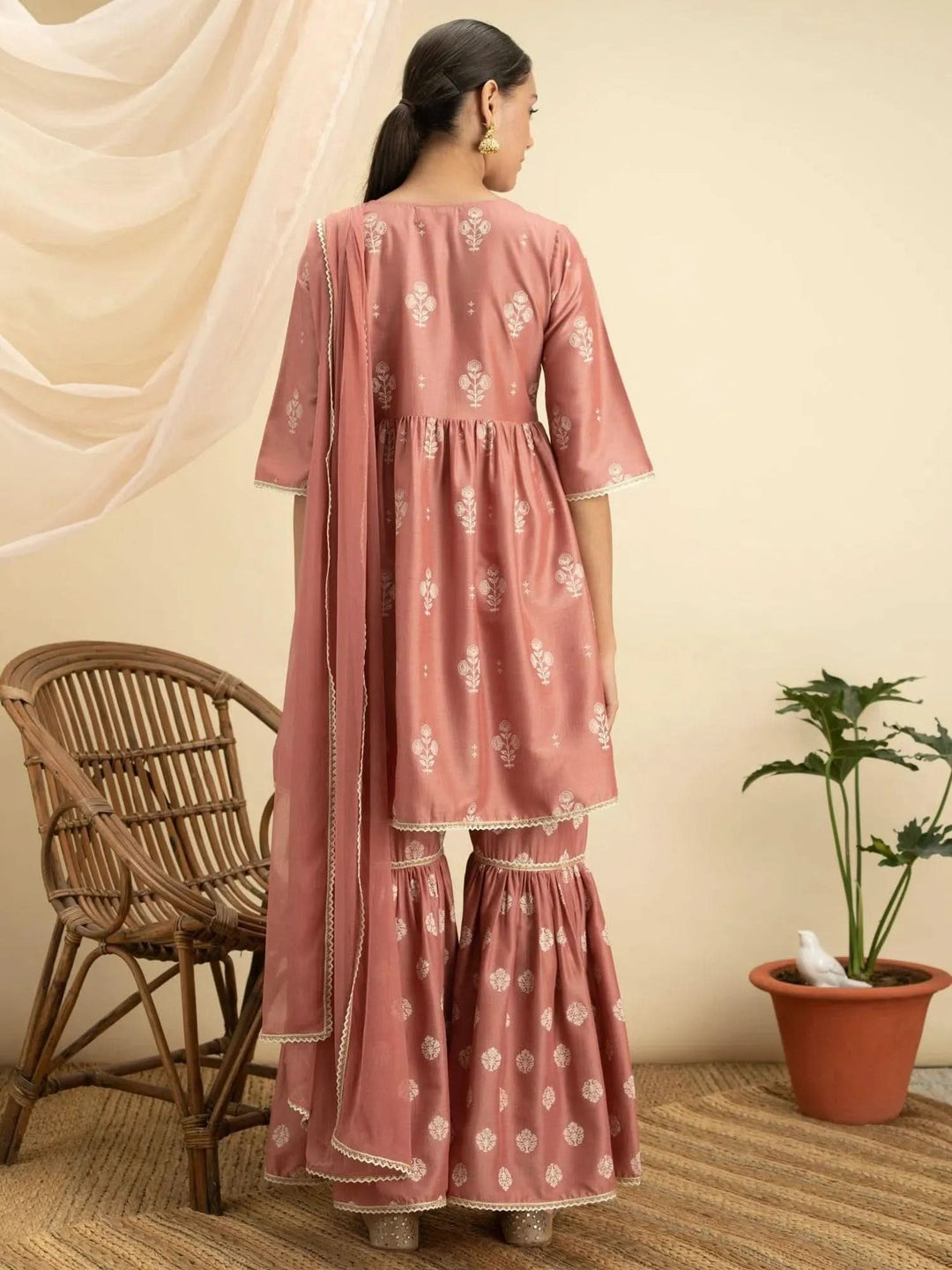 Pink Printed Silk Suit Set - Libas