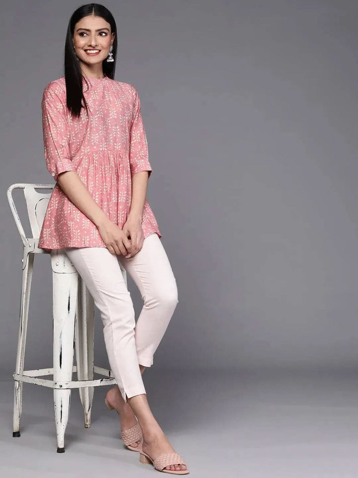 Pink Printed Silk Blend Kurti - Libas