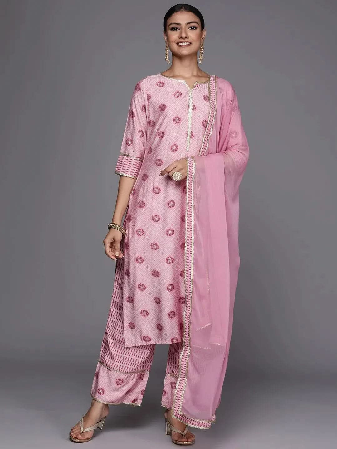 Pink Printed Silk Blend Straight Kurta Set