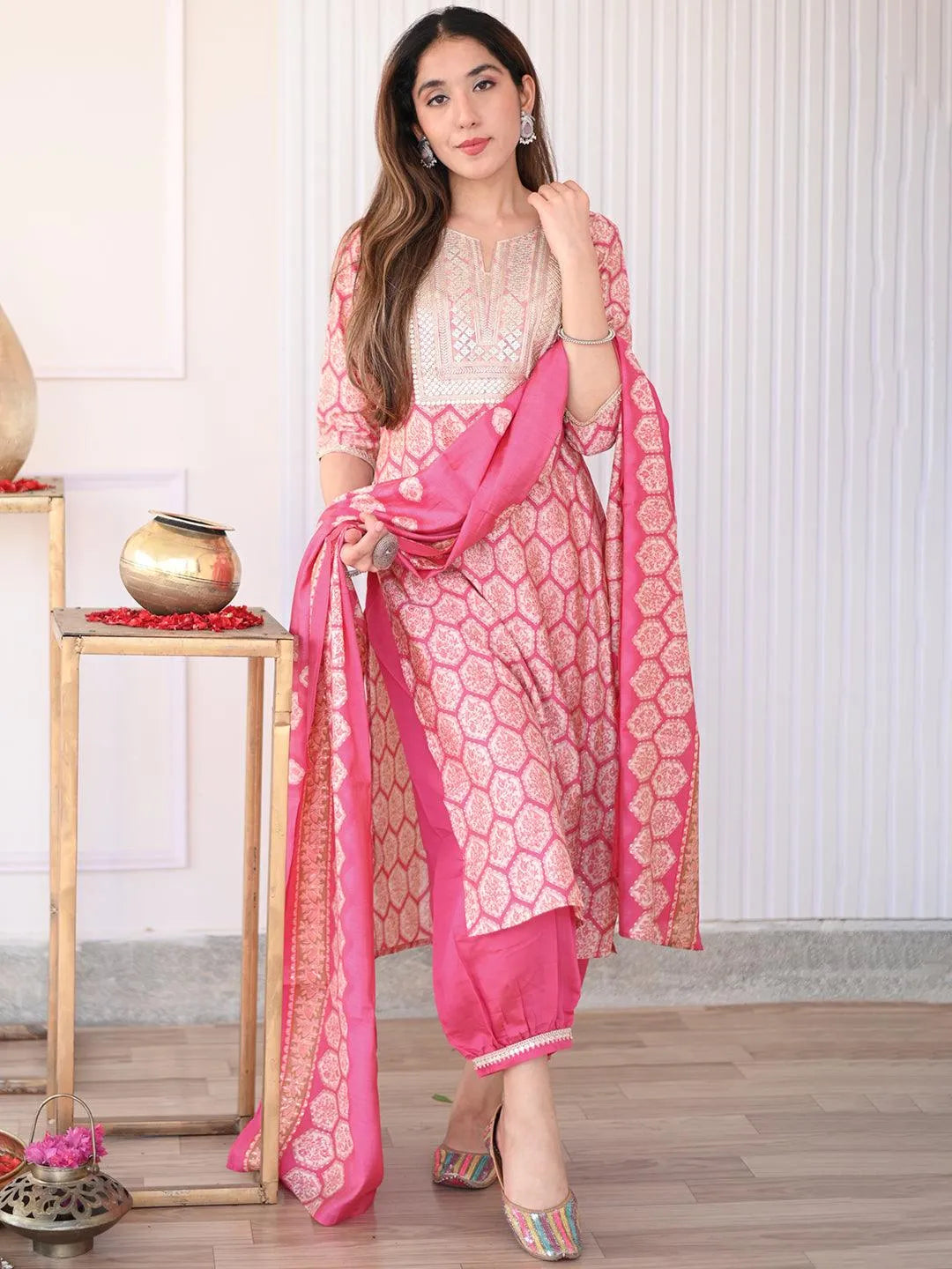Buy Pink Printed Silk Blend Straight Suit With Dupatta Online at