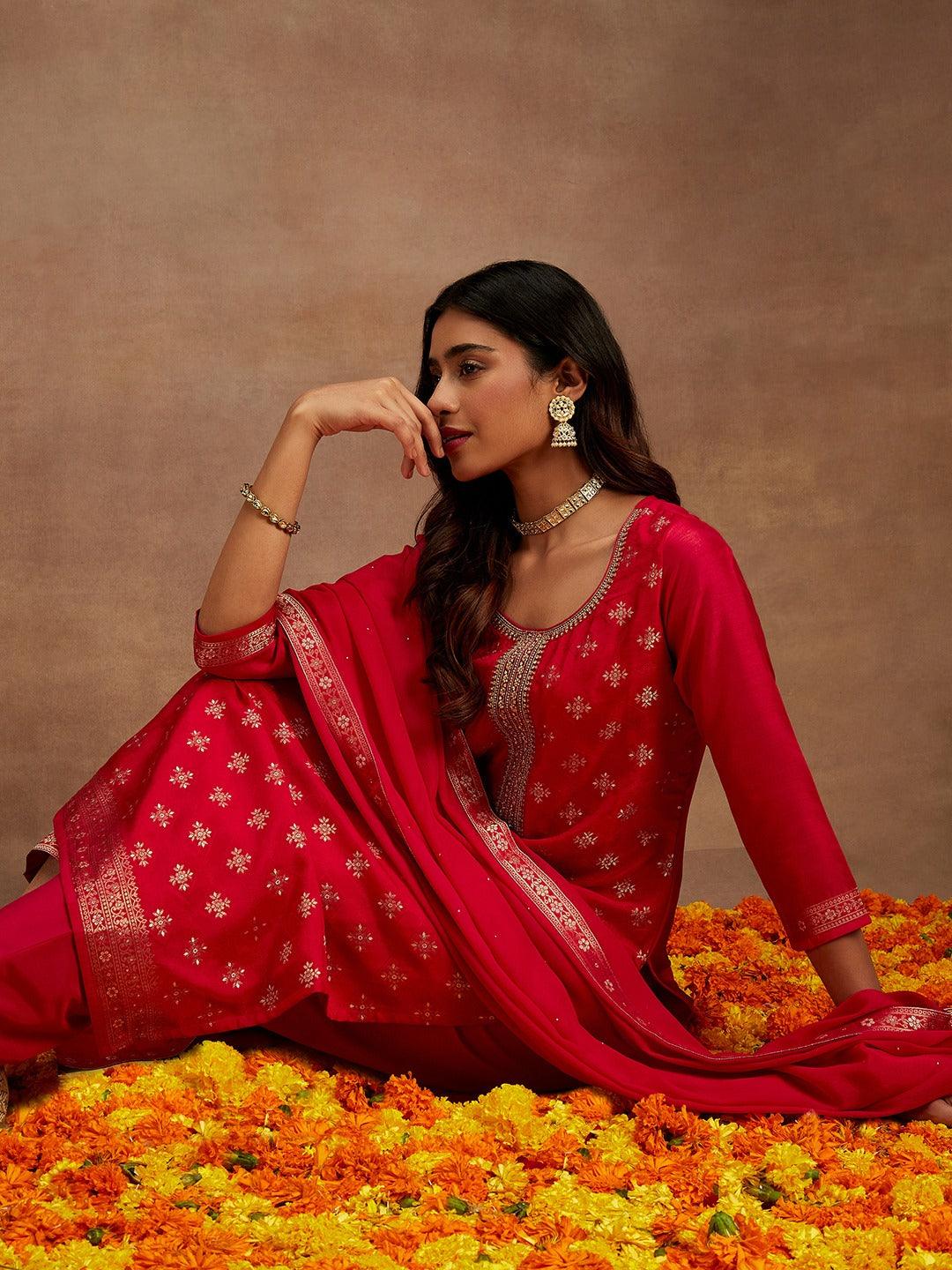 Pink Printed Silk Blend Straight Kurta With Trousers & Dupatta Online at Rs.1899 | Libas