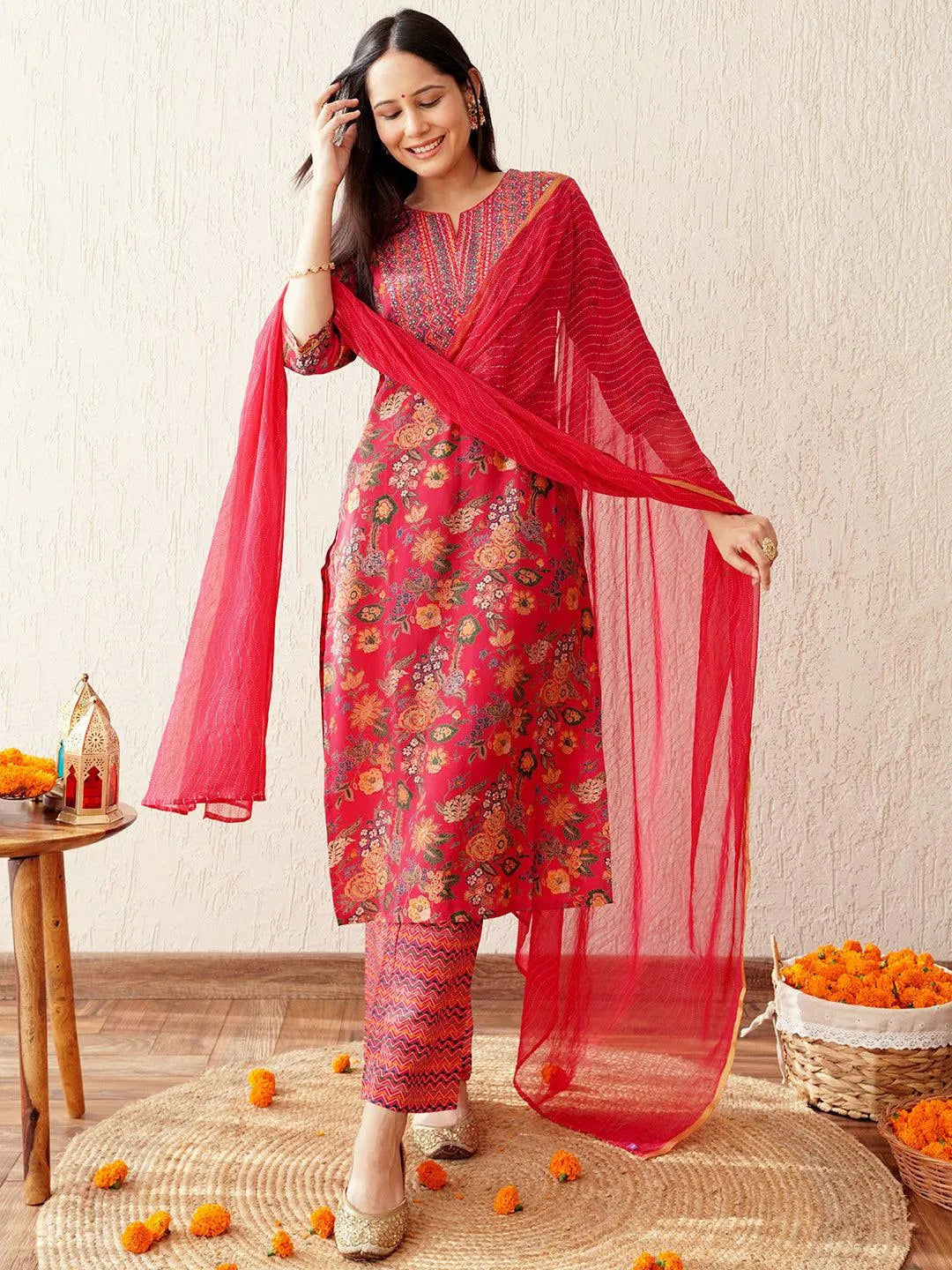 Pink Printed Silk Blend Straight Kurta With Trousers & Dupatta Online at Rs.1439 | Libas