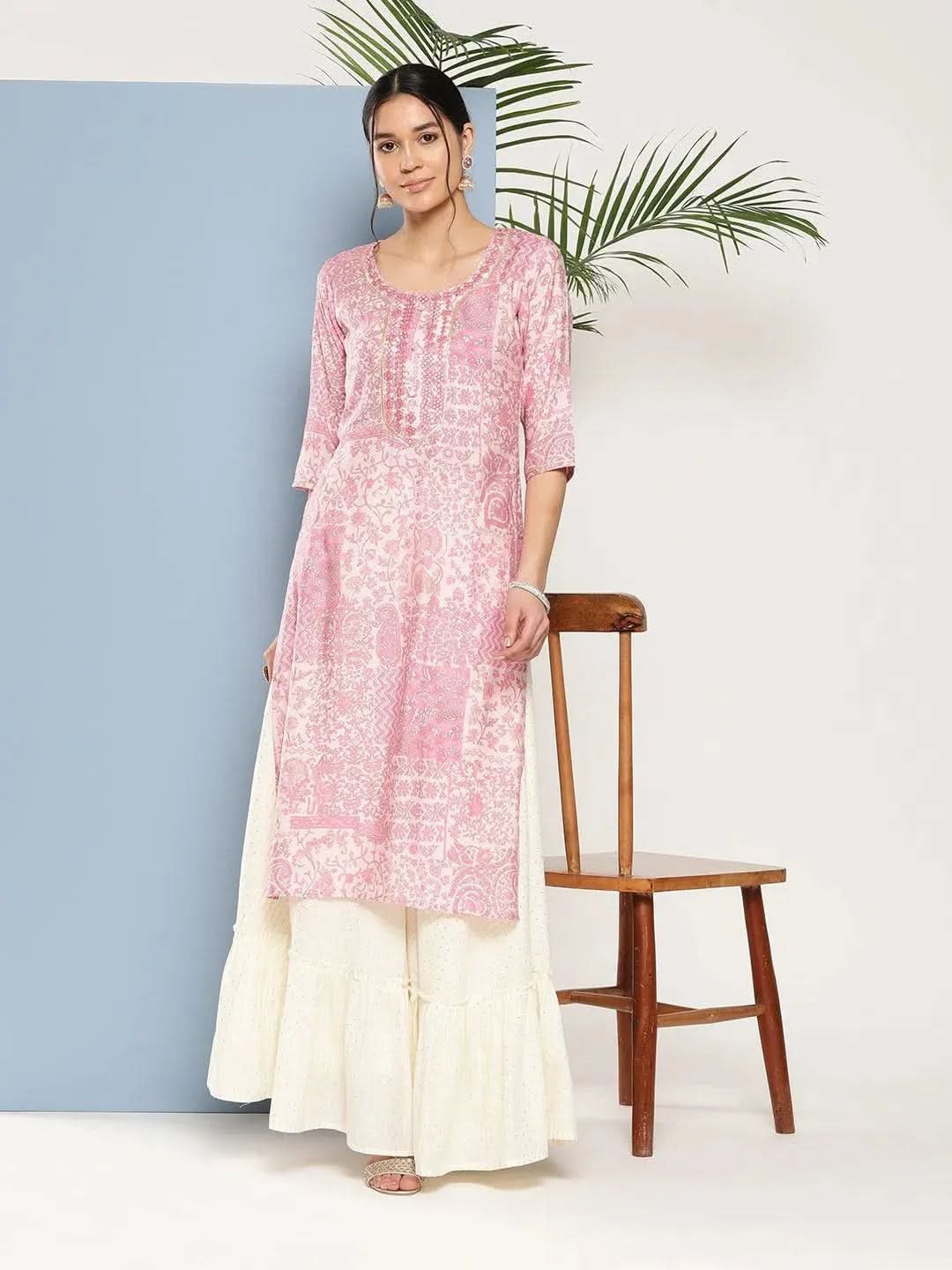 Pink Printed Silk Straight Kurta - Libas