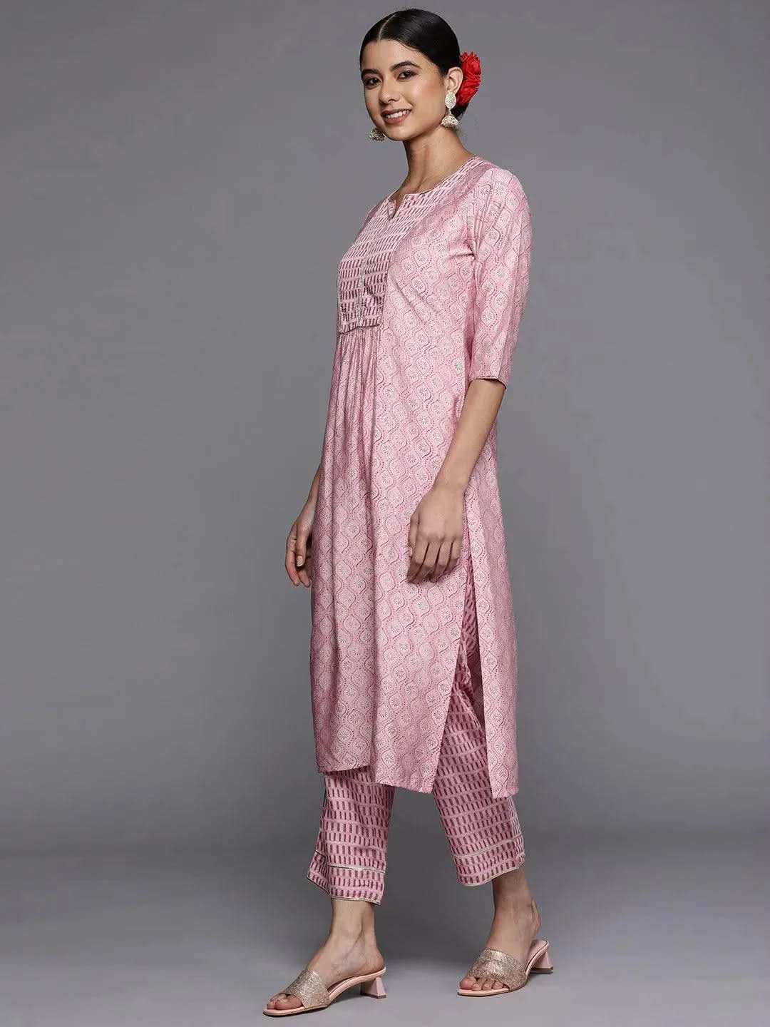 Pink Printed Silk Straight Kurta - Libas