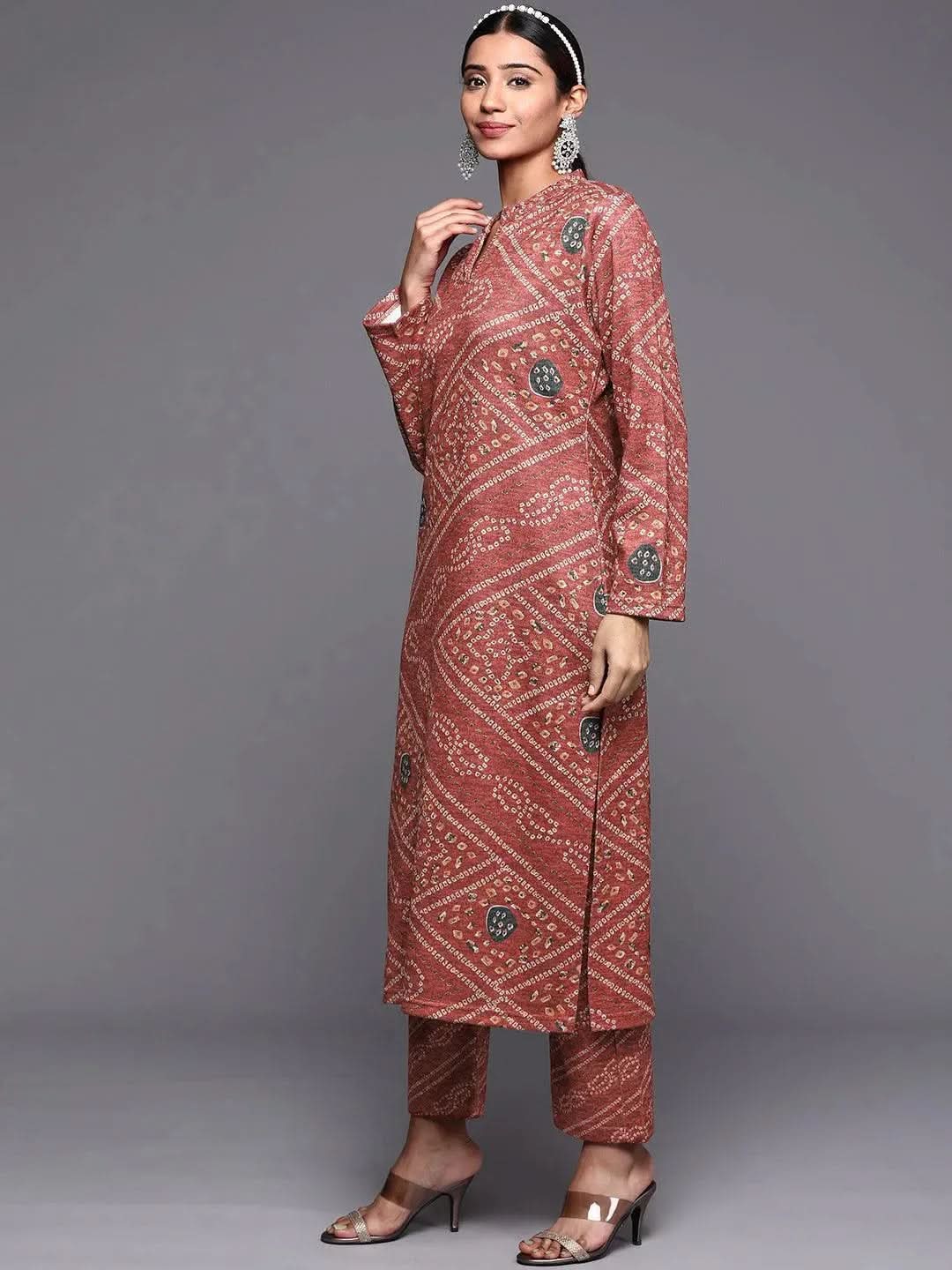 Pink Printed Wool Straight Suit Set - Libas