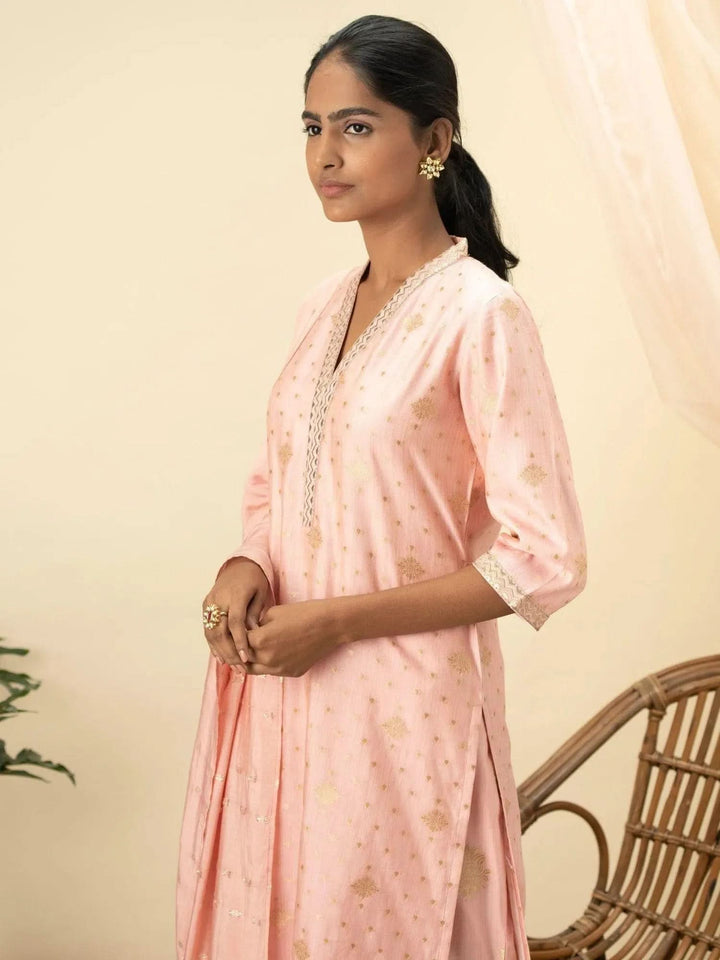 Pink Self Design Chanderi Silk Suit Set - Libas