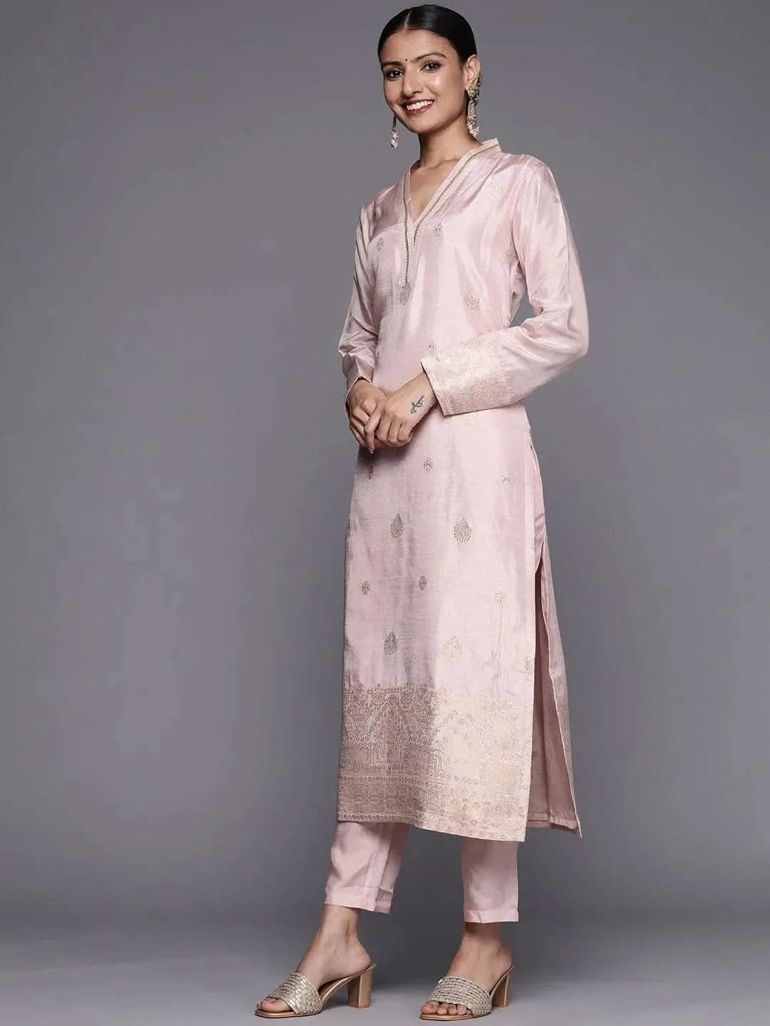 Pink Self Design Chanderi Silk Straight Suit Set - Libas