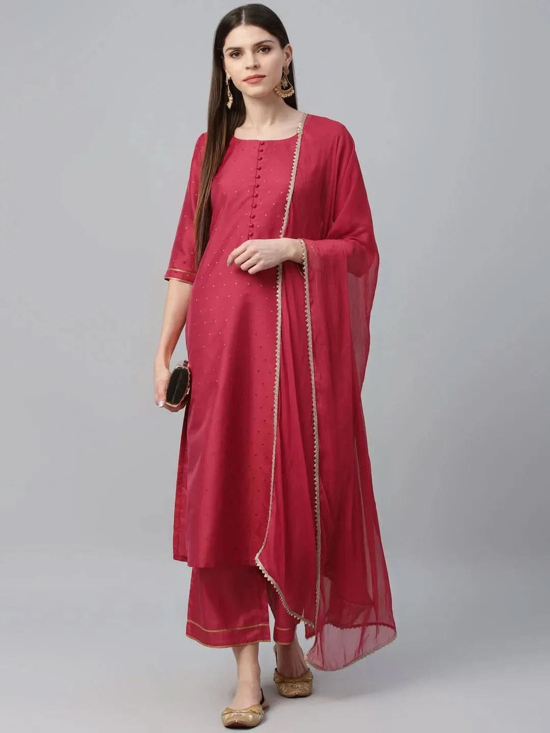 Pink Self Design Polyester Suit Set - Libas