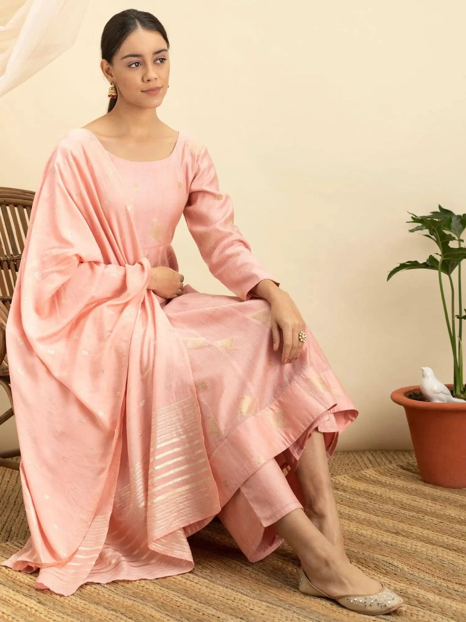 Pink Self Design Silk Anarkali Kurta With Palazzos & Dupatta 
Pink Self Design Silk Anarkali Kurta With Palazzos & Dupatta