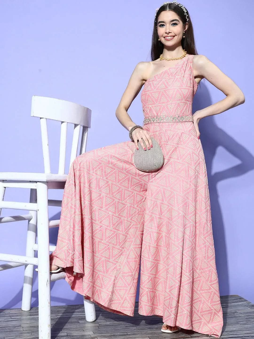 Pink Self Design Silk Jumpsuit - Libas