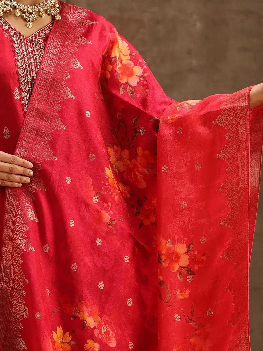 Pink Self Design Silk Straight Kurta With Trousers & Dupatta
Pink Self Design Silk Straight Kurta With Trousers & Dupatta