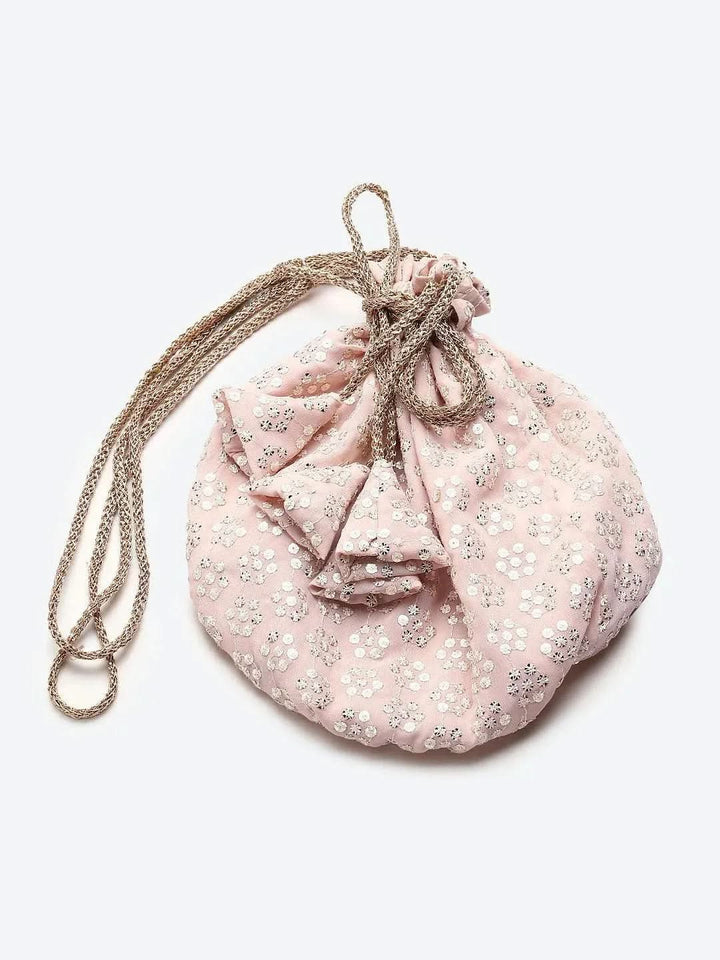 Pink Sequinned Georgette Straight Suit Set With Potli - Libas