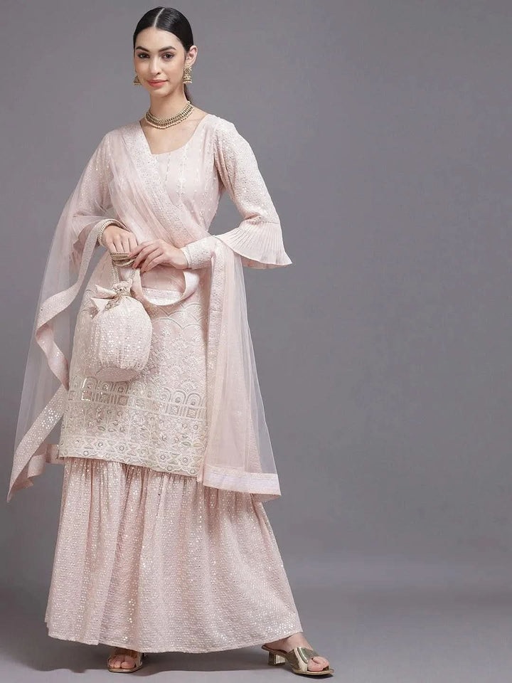 Pink Sequinned Georgette Straight Suit Set With Potli - Libas