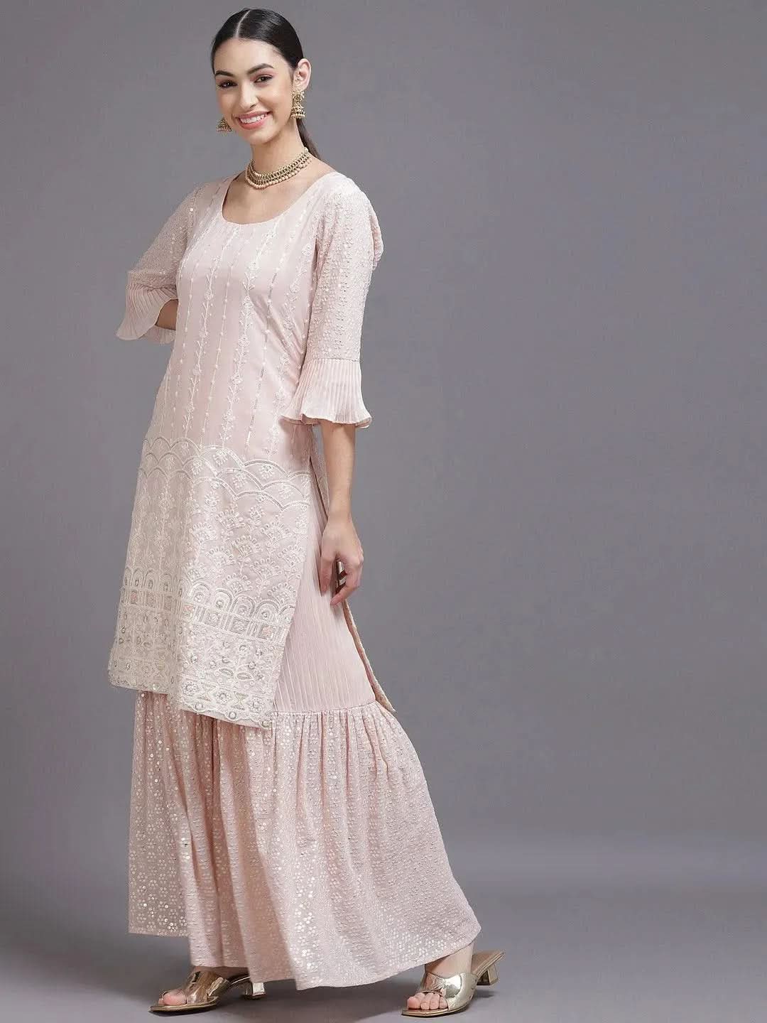 Pink Sequinned Georgette Straight Suit Set With Potli - Libas