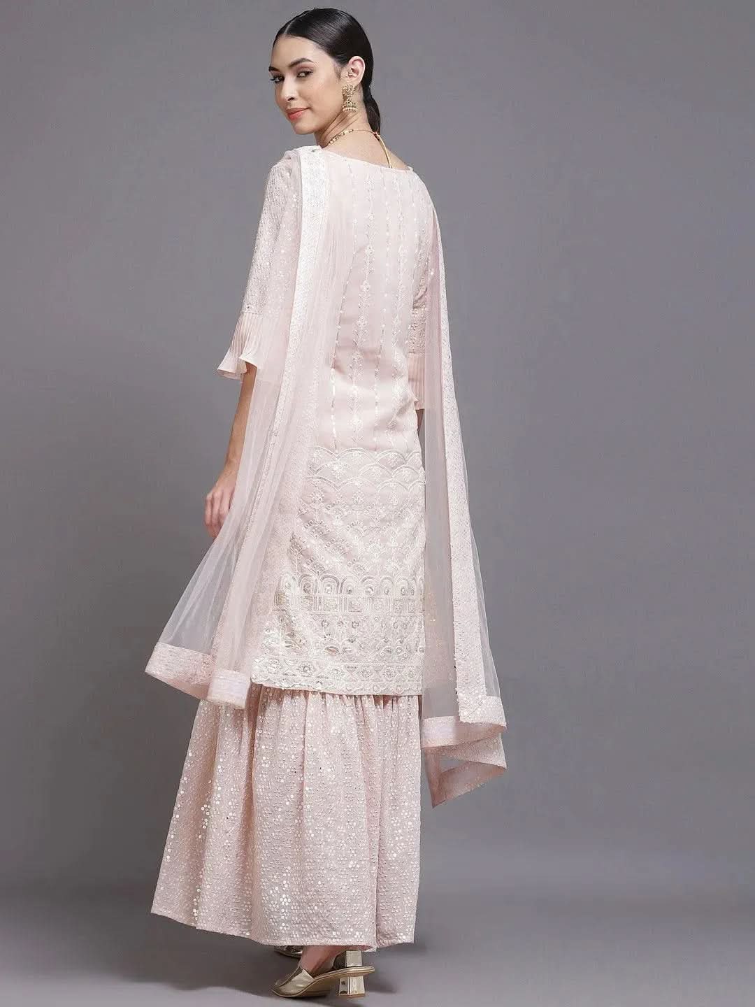 Pink Sequinned Georgette Straight Suit Set With Potli - Libas