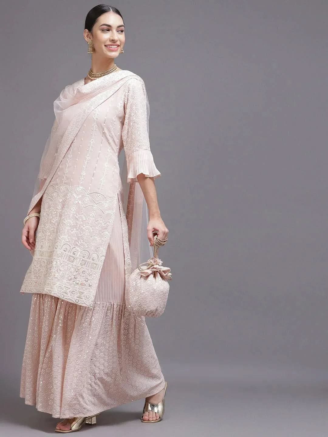 Pink Sequinned Georgette Straight Suit Set With Potli - Libas