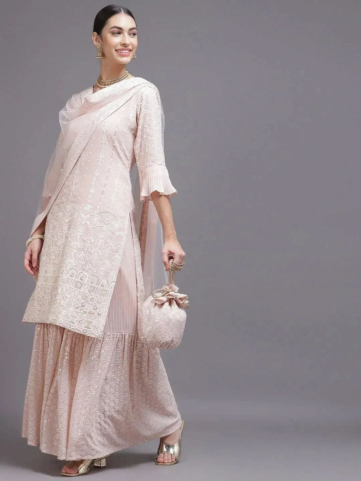 Pink Sequinned Georgette Straight Suit Set With Potli - Libas