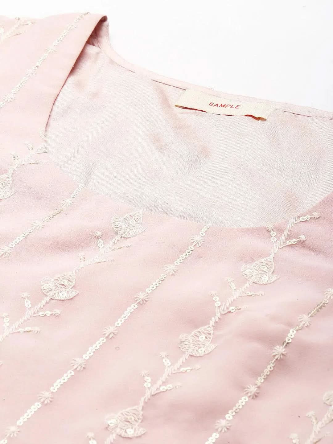 Pink Sequinned Georgette Straight Suit Set With Potli - Libas