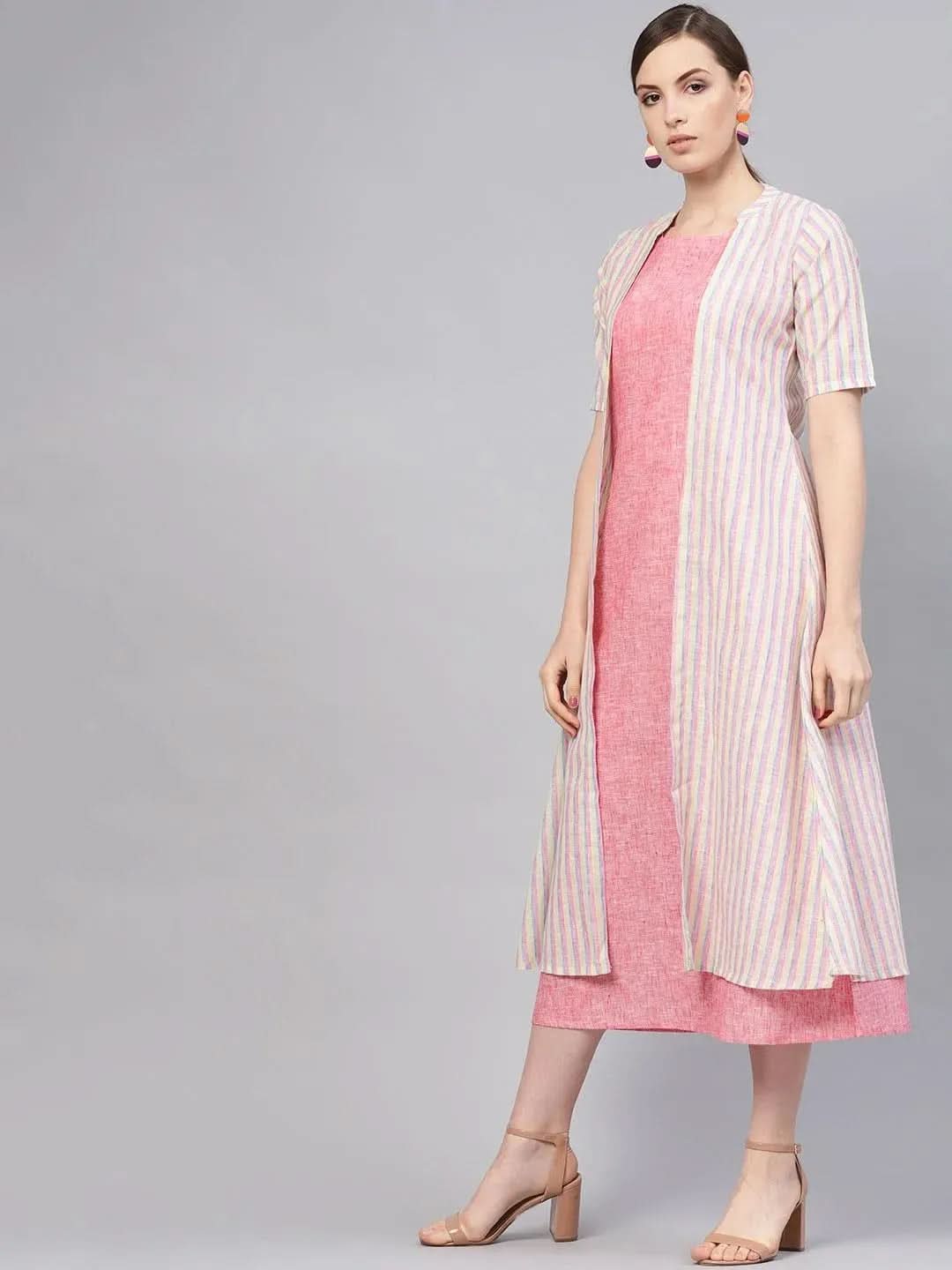 Pink Solid Cotton Dress With Jacket - Libas