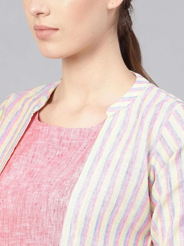 Pink Solid Cotton Dress With Jacket - Libas