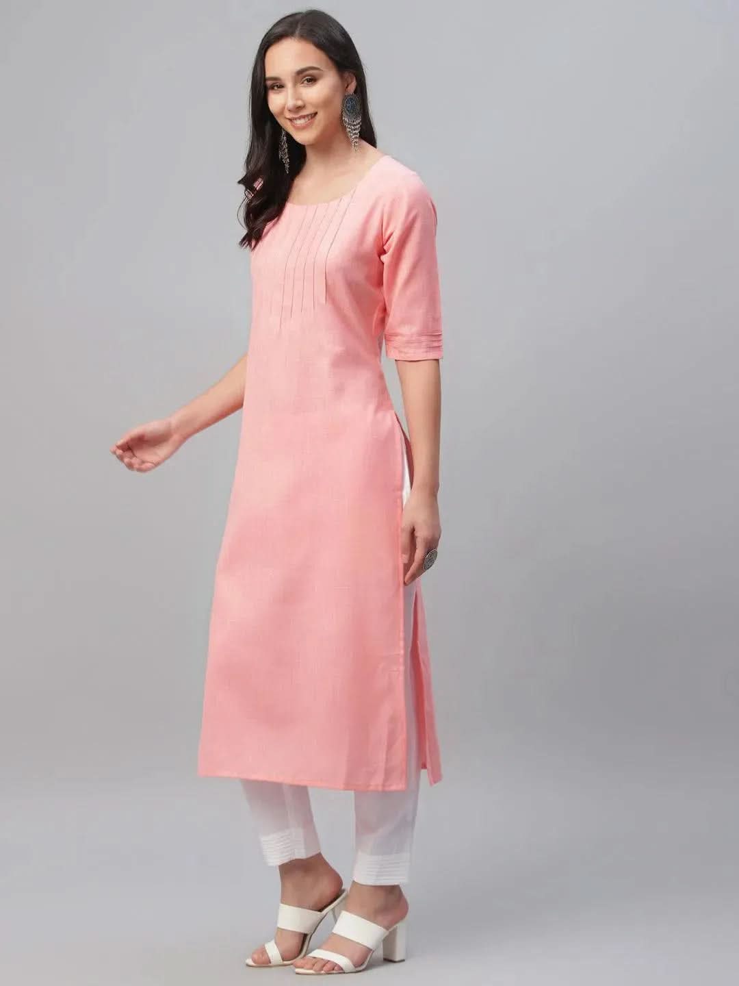Pink Solid Cotton Kurta - Libas